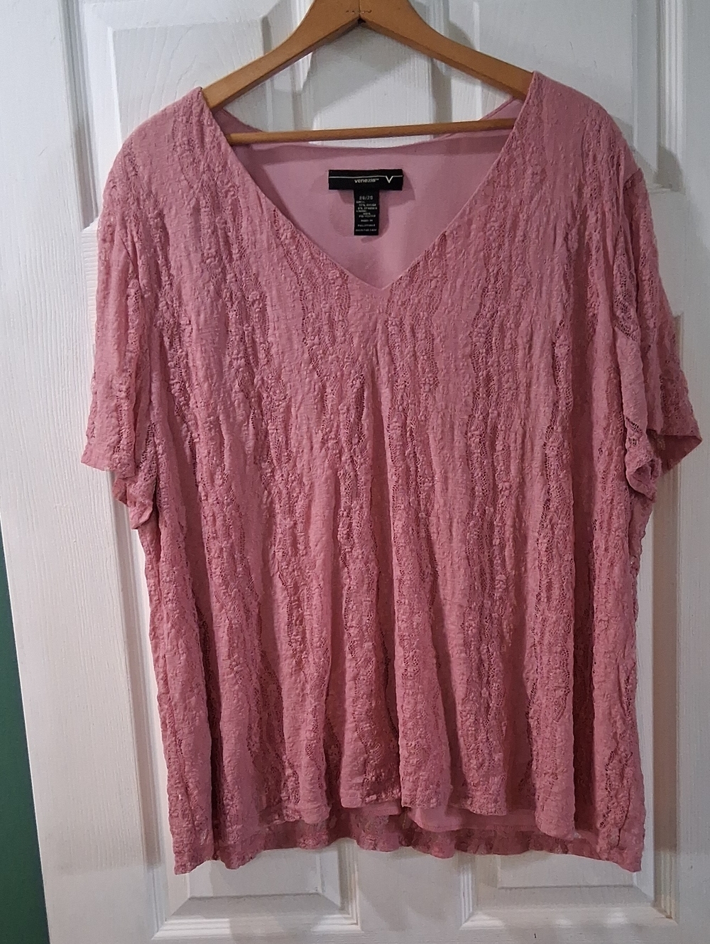 Venezia Pink Textured V-Neck Top-Crochet/Lace